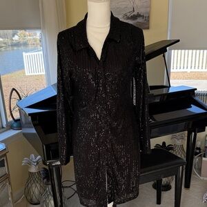 Almost famous New black sequin duster long line fancy jacket women size XL. NWT
